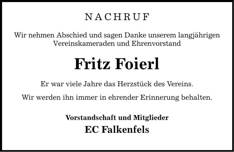 Traueranzeige Fritz Foierl