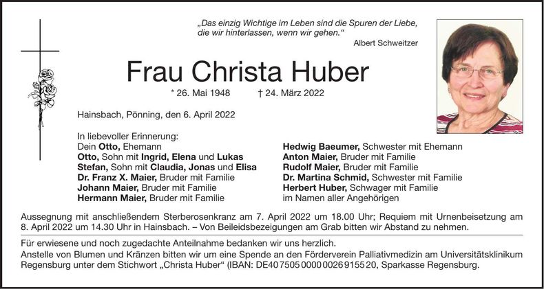 Traueranzeige Christa Huber