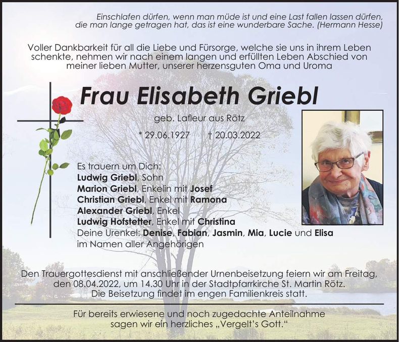 Traueranzeige Elisabeth Griebl