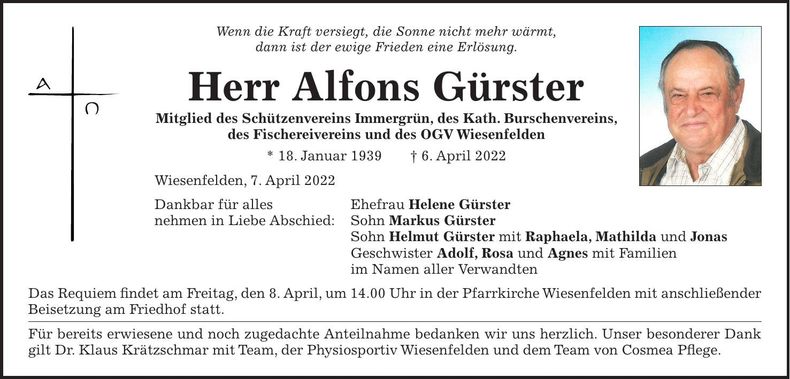 Traueranzeige Alfons Gürster