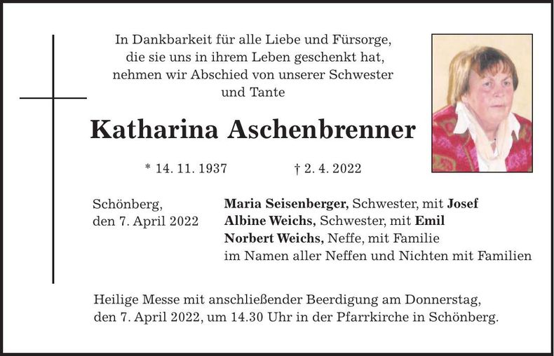 Traueranzeige Katharina Aschenbrenner