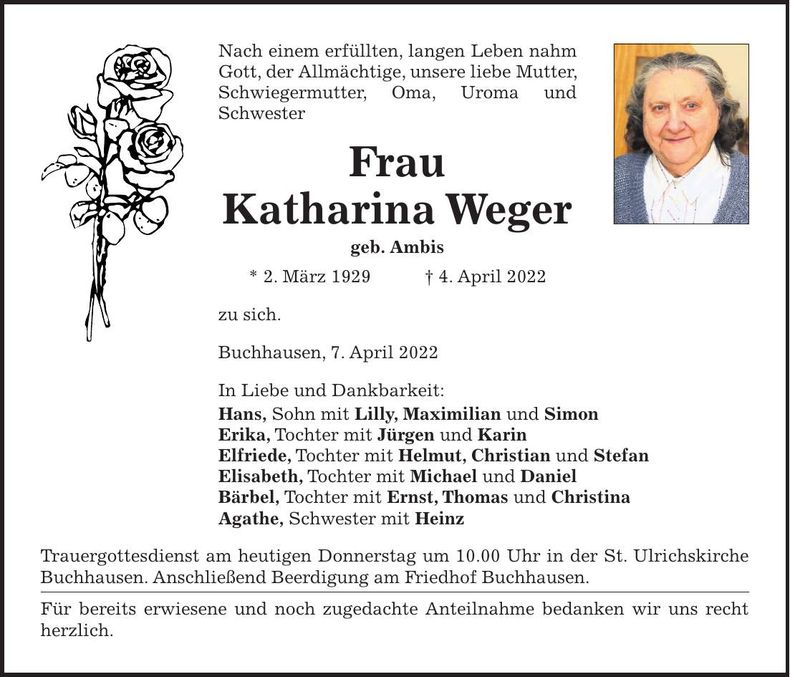 Traueranzeige Katharina Weger