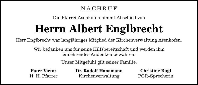 Traueranzeige Albert Englbrecht