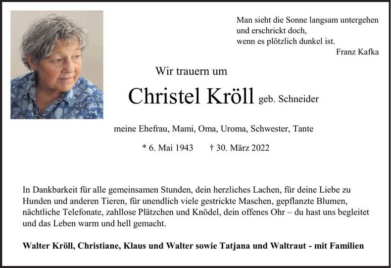 Traueranzeige Christl Kröll
