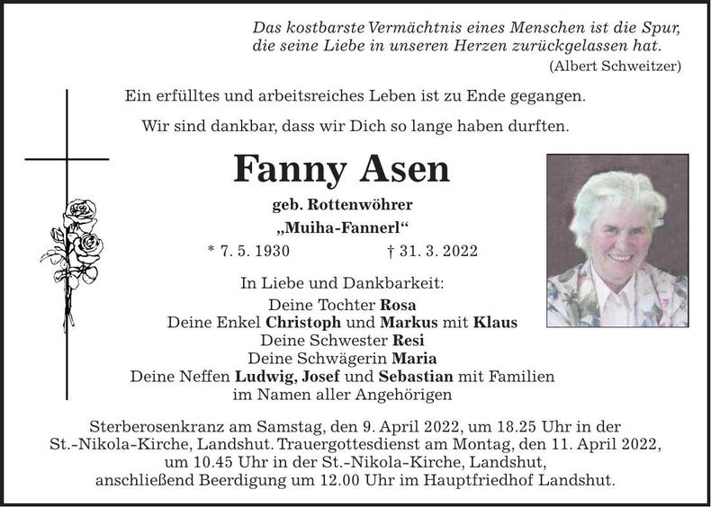 Traueranzeige Fanny Asen