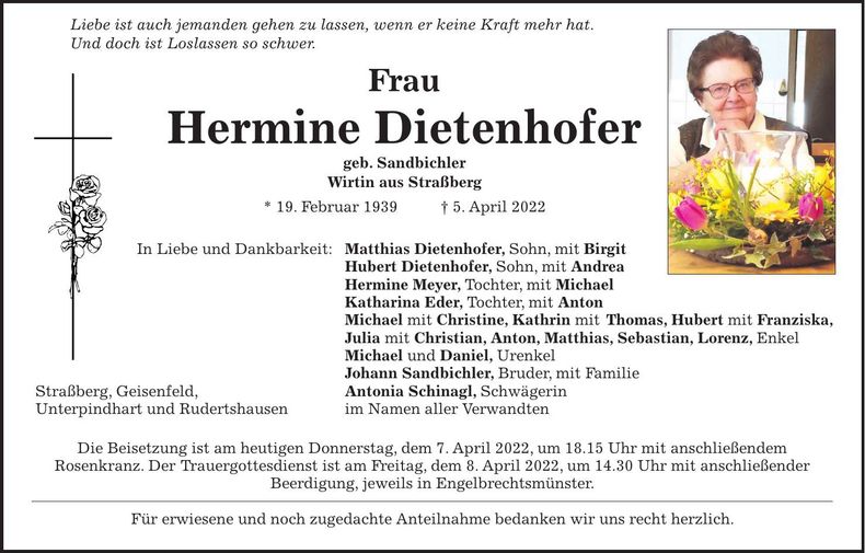Traueranzeige Hermine Dietenhofer