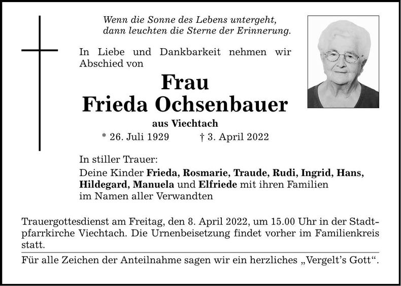 Traueranzeige Frieda Ochsenbauer
