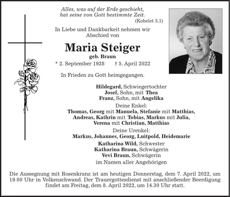Traueranzeige Maria Steiger