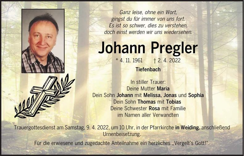 Traueranzeige Johann Pregler