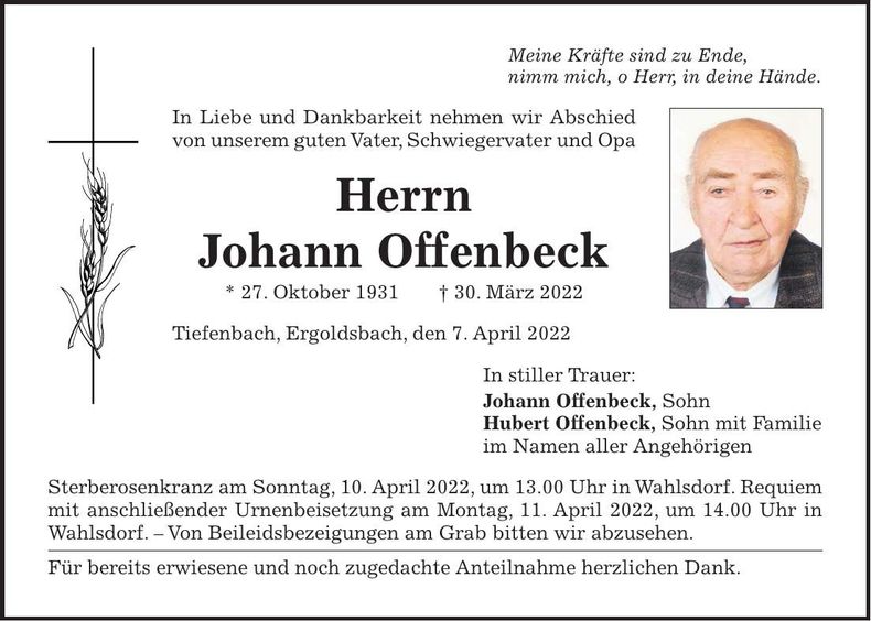 Traueranzeige Johann Offenbeck