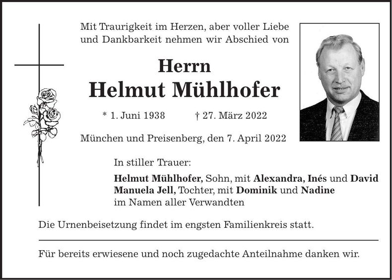 Traueranzeige Helmut Mühlhofer