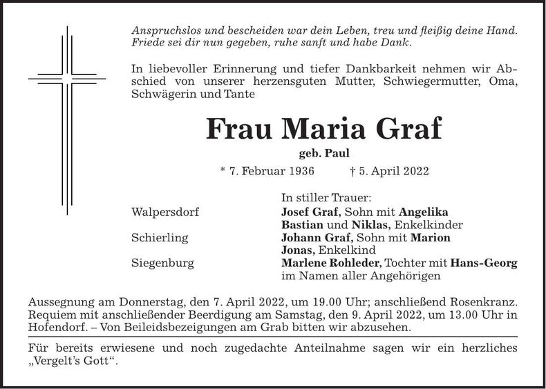 Traueranzeige Maria Graf