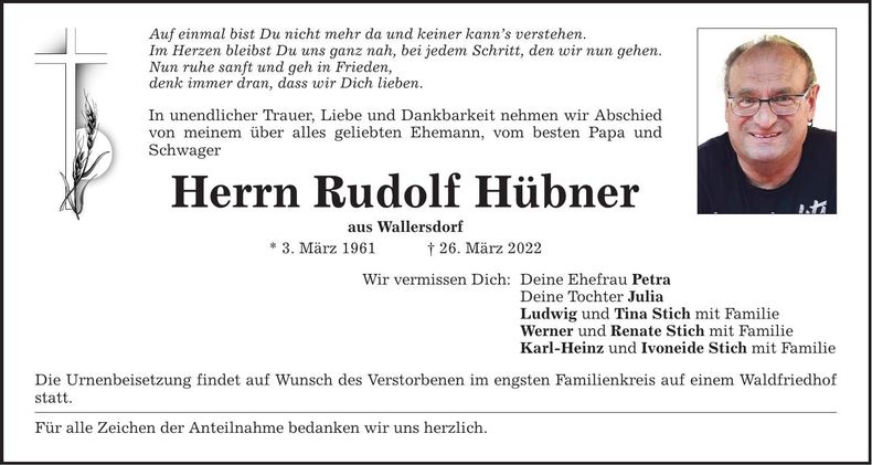 Traueranzeige Rudolf Hübner