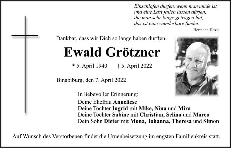 Traueranzeige Ewald Grötzner
