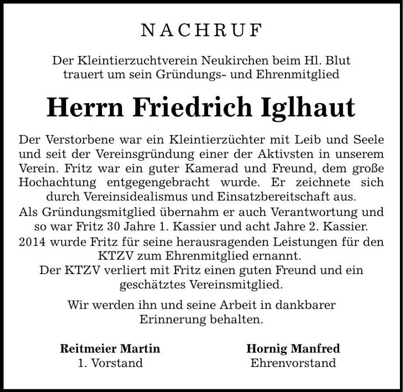 Traueranzeige Friedrich Iglhaut