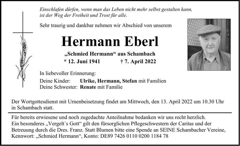 Traueranzeige Hermann Eberl