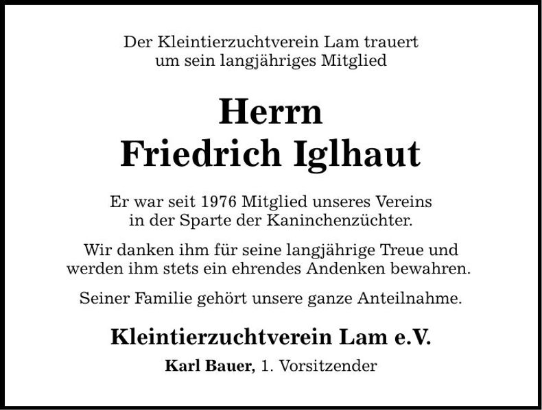 Traueranzeige Friedrich Iglhaut