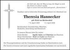 Traueranzeige Theresia Hannecker