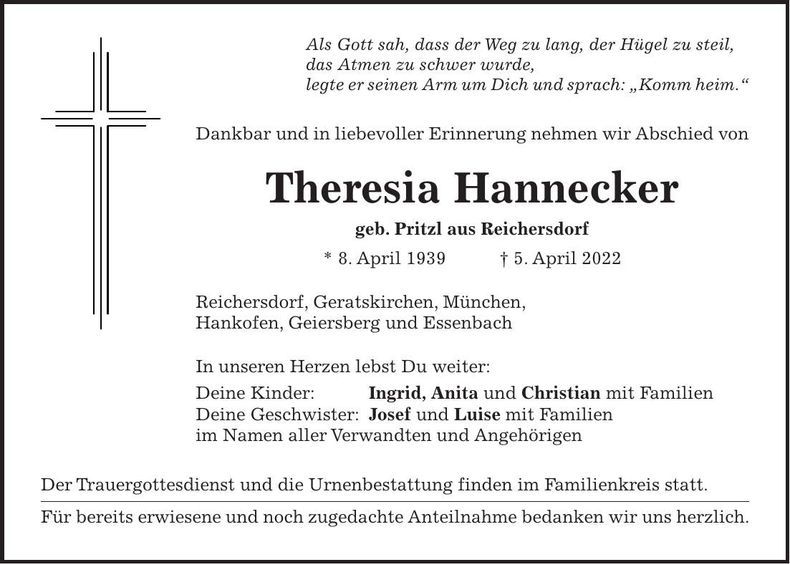 Traueranzeige Theresia Hannecker