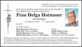 Traueranzeige Helga Hornauer