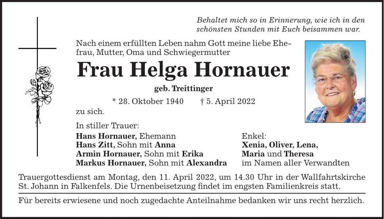 Traueranzeige Helga Hornauer