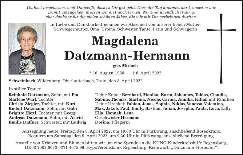 Traueranzeige Magdalena Datzmann-Hermann