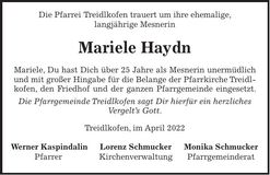 Traueranzeige Mariele Haydn