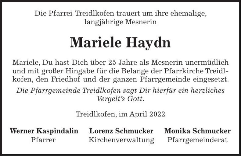 Traueranzeige Mariele Haydn