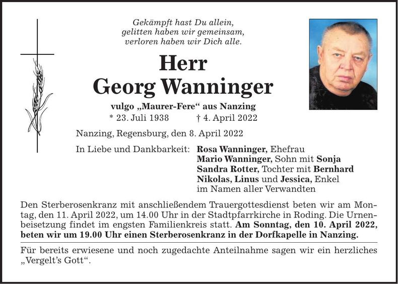Traueranzeige Georg Wanninger