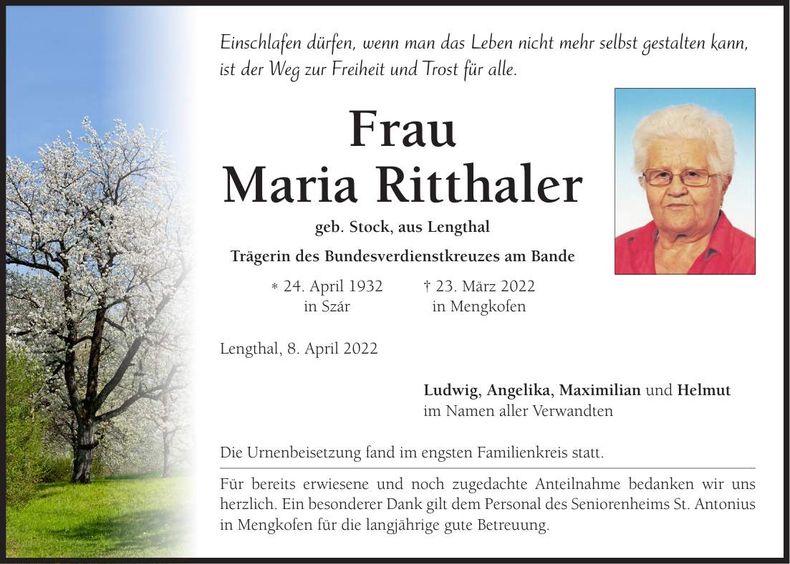 Traueranzeige Maria Ritthaler
