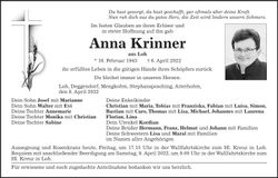 Traueranzeige Anna Krinner