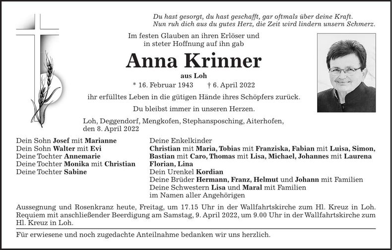 Traueranzeige Anna Krinner