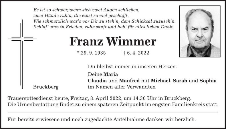Traueranzeige Franz Wimmer