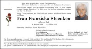 Traueranzeige Franziska Steenken