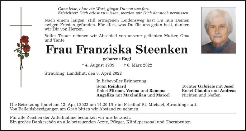 Traueranzeige Franziska Steenken