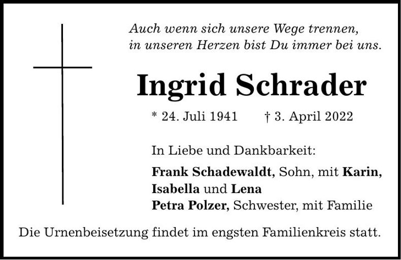 Traueranzeige Ingrid Schrader