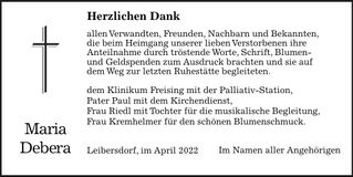 Traueranzeige Maria Debera
