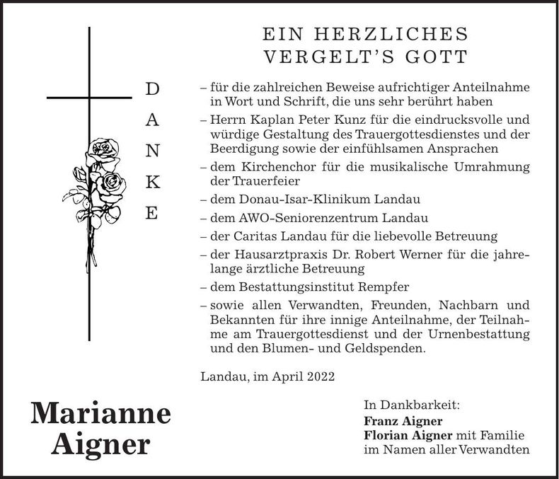 Traueranzeige Marianne Aigner