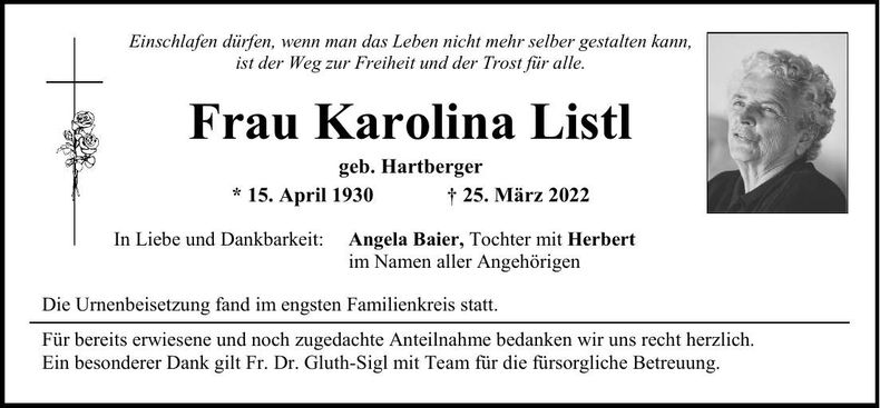 Traueranzeige Karolina Listl