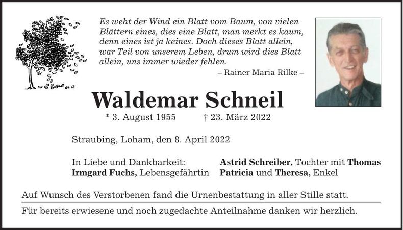 Traueranzeige Waldemar Schneil
