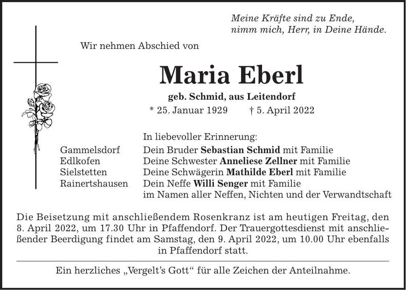 Traueranzeige Maria Eberl