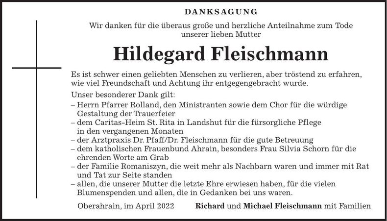 Traueranzeige Hildegard Fleischmann
