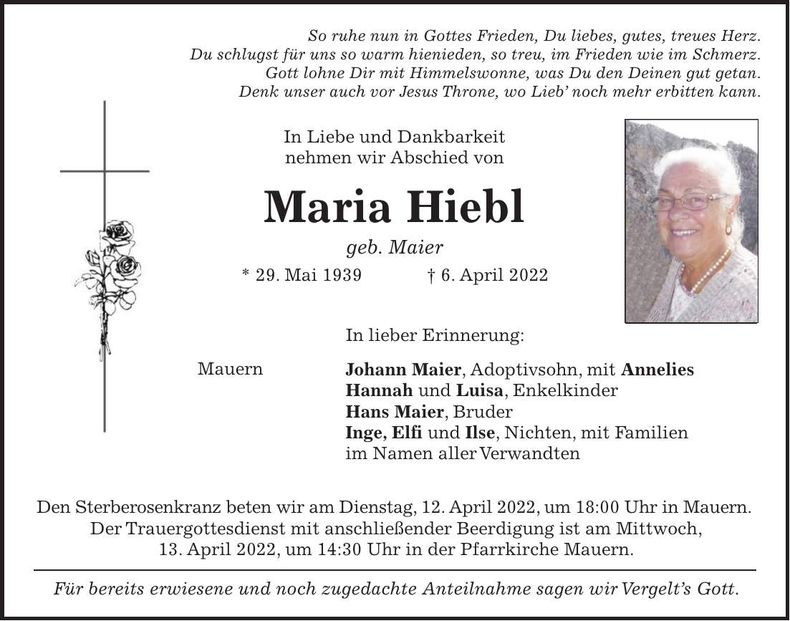 Traueranzeige Maria Hiebl