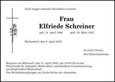 Traueranzeige Elfriede Schreiner