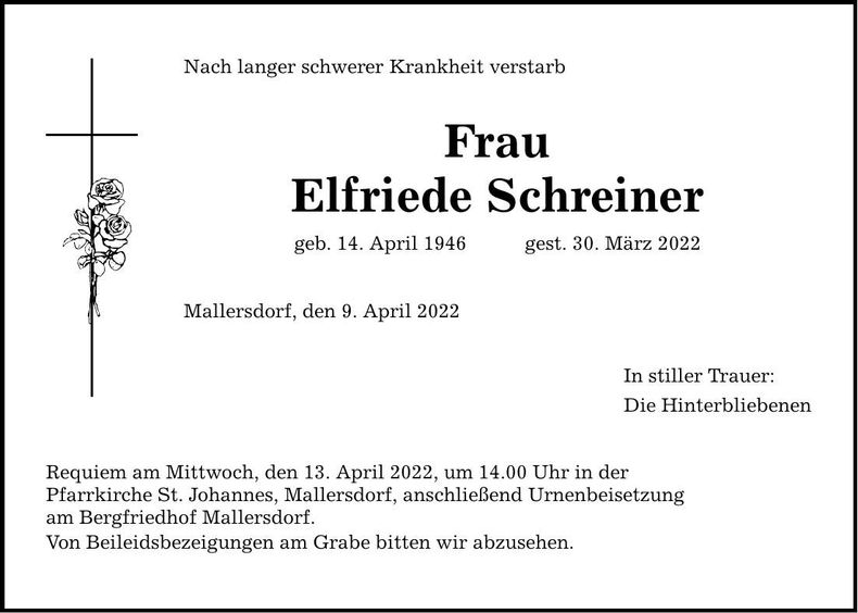 Traueranzeige Elfriede Schreiner