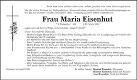 Traueranzeige Maria Eisenhut