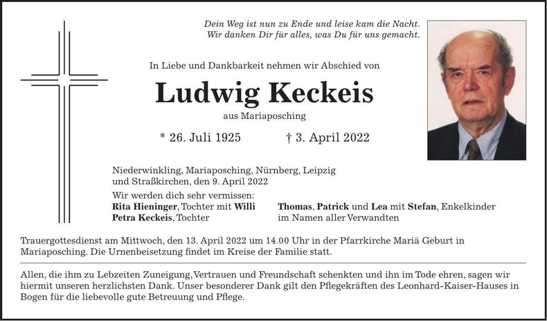 Traueranzeige Ludwig Keckeis