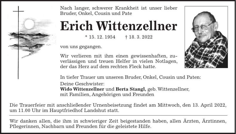 Traueranzeige Erich Wittenzellner