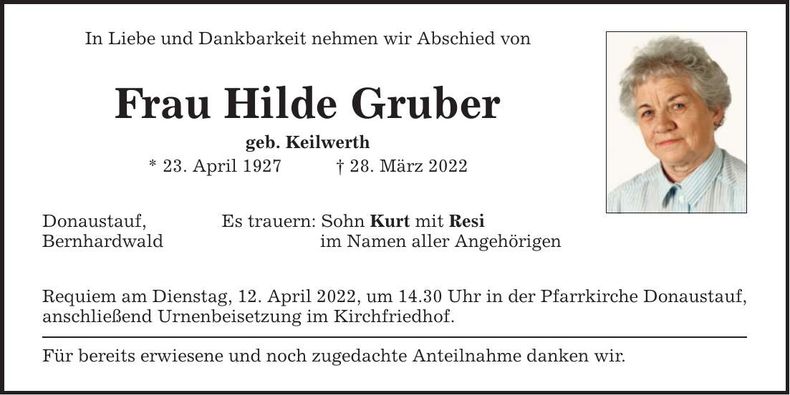 Traueranzeige Hilde Gruber