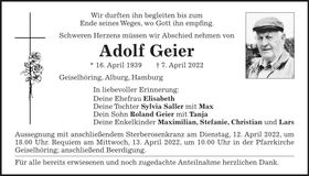 Traueranzeige Adolf Geier